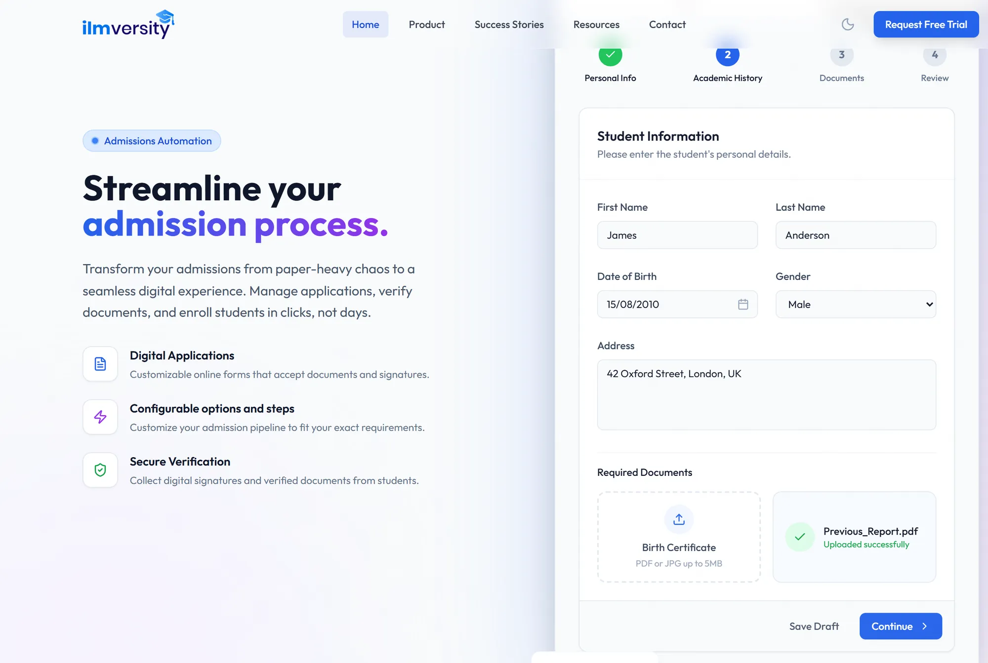 A step-by-step online admission form with document upload