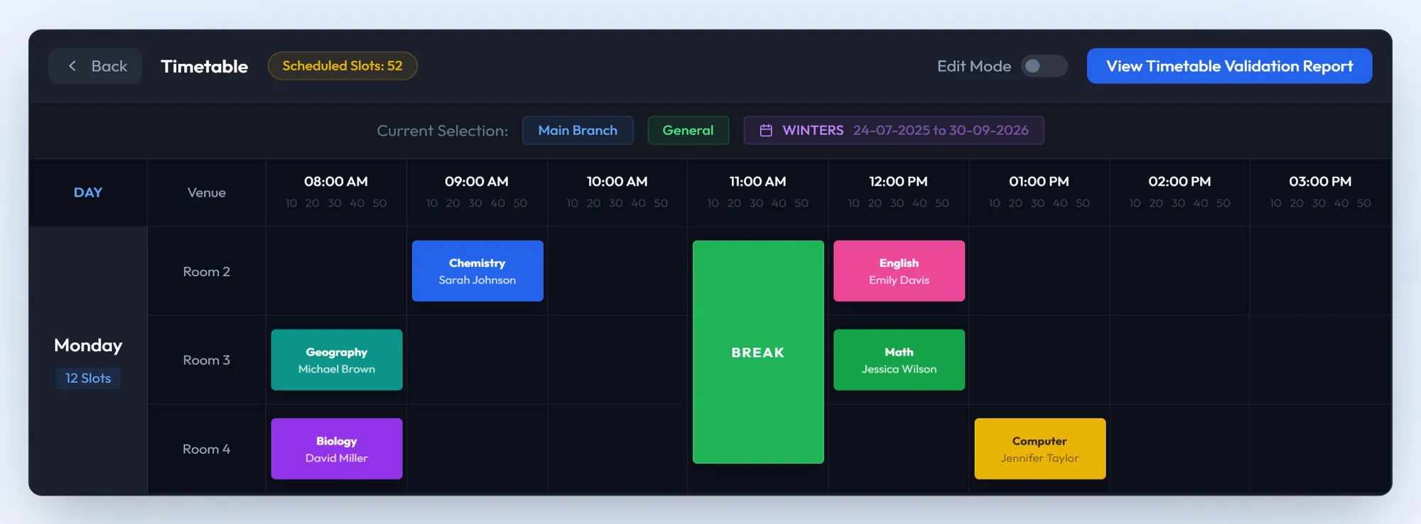 The AI timetable generator laying out a week of classes by room and teacher